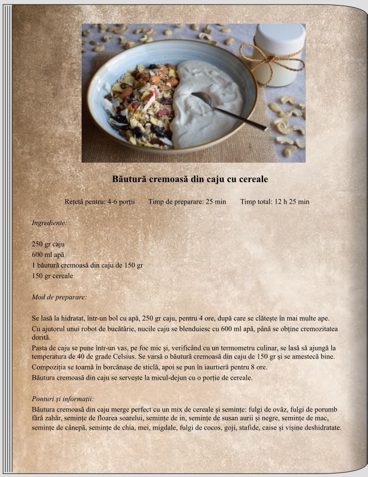 Băutură cremoasă din caju cu cereale
