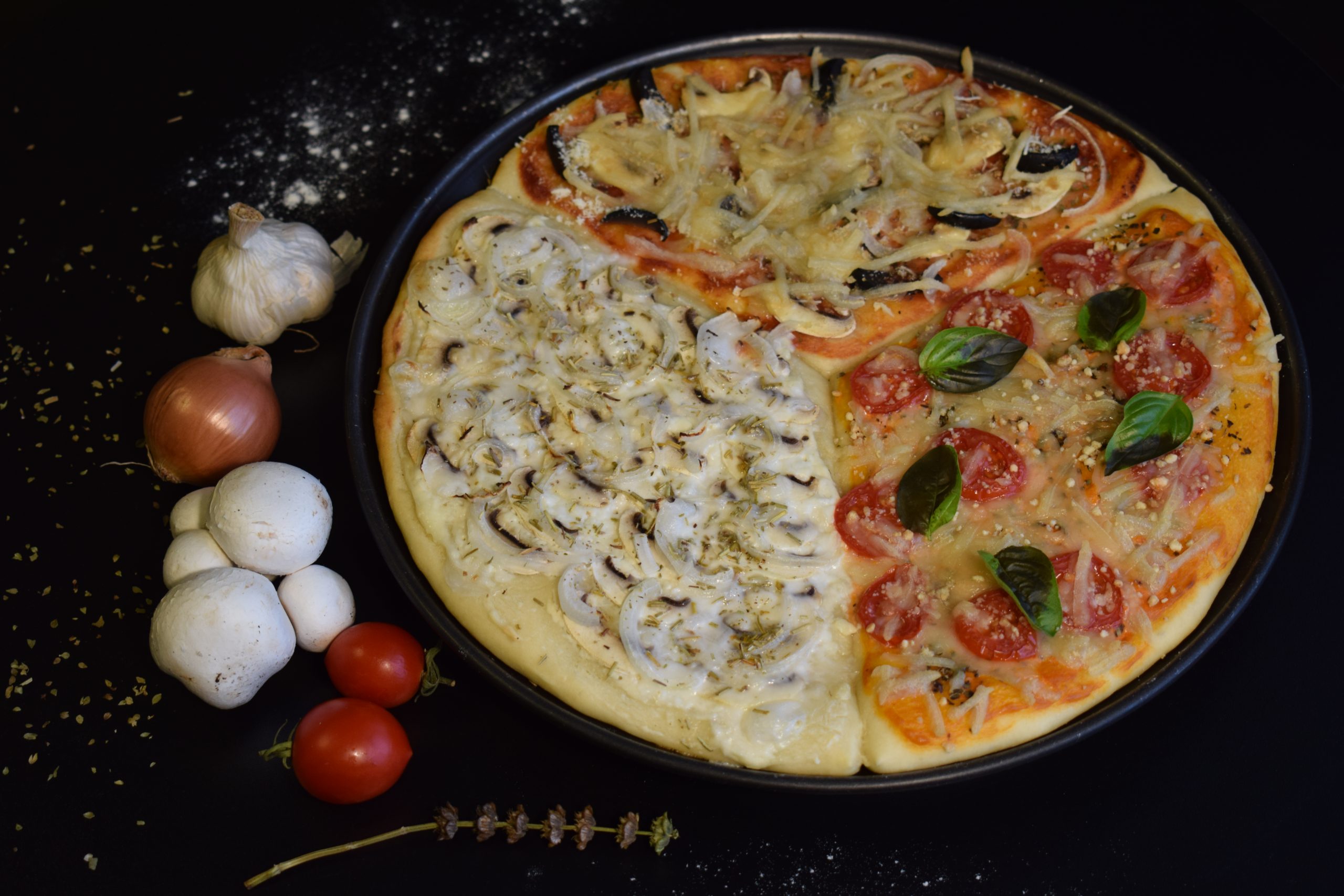 Pizza all in, pizza cu roșii și busuioc, pizza albă cu usturoi