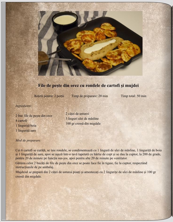 File de pește din orez cu rondele de cartofi și mujdei - Feluri principale - Rețete delicioase, vegane pentru unii, de post pentru alții – Corina Marinescu