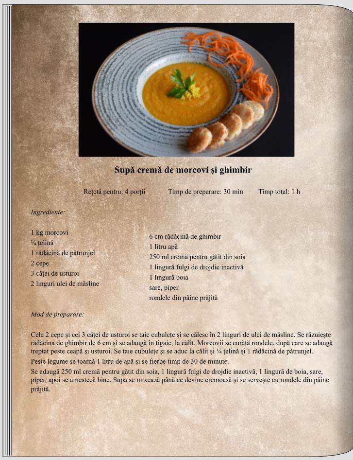 Supă cremă de morcovi cu ghimbri - Supe și Ciorbe - Rețete delicioase, vegane pentru unii, de post pentru alții – Corina Marinescu
