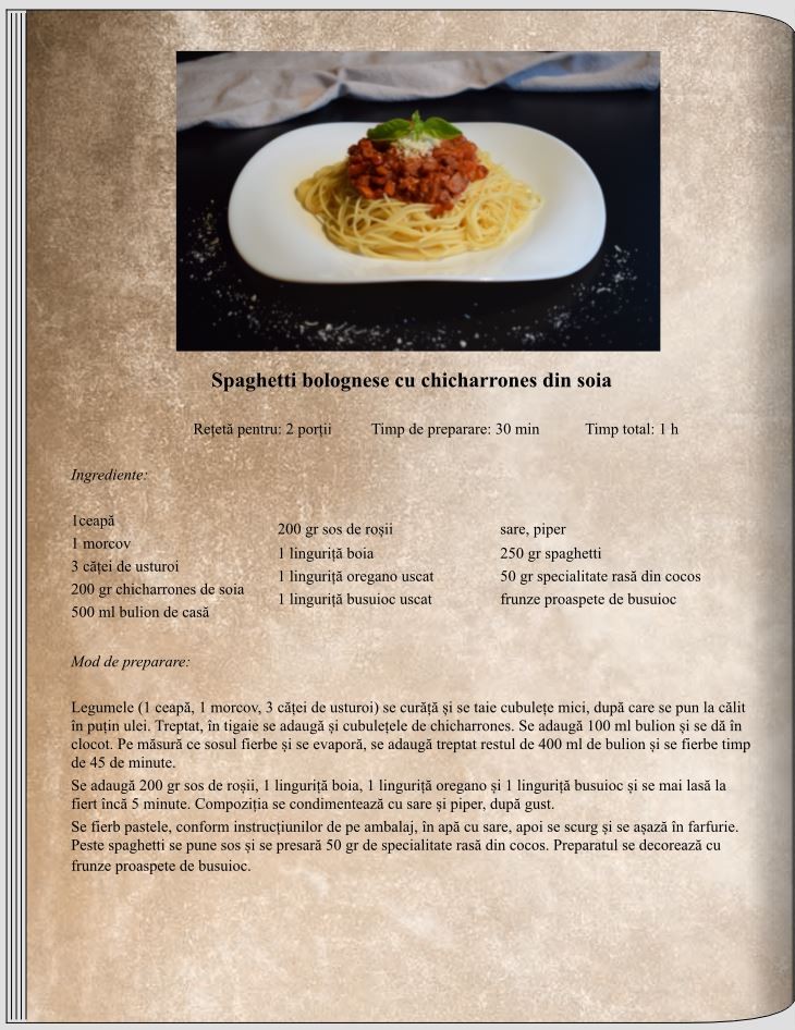Spaghetti bolognese cu chicharrones din soia 