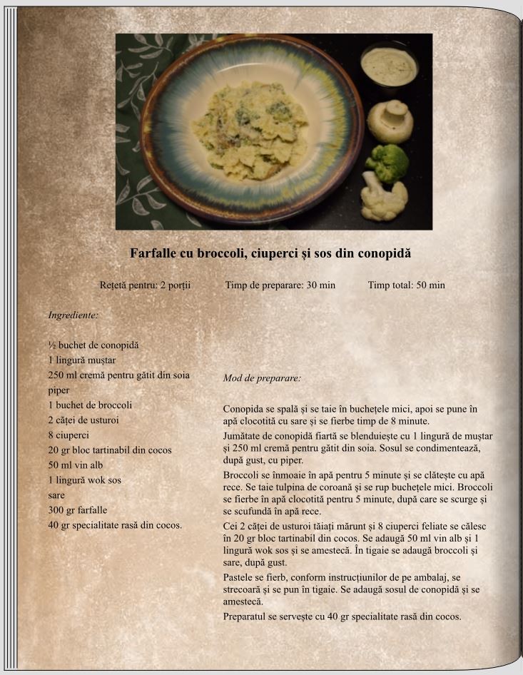 Farfalle cu broccoli, ciuperci și sos de conopidă