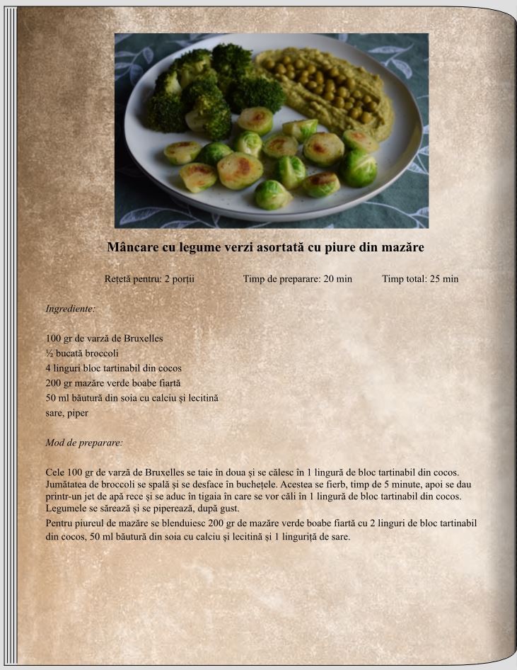 Mâncare cu legume verzi asortată cu piure din mazăre