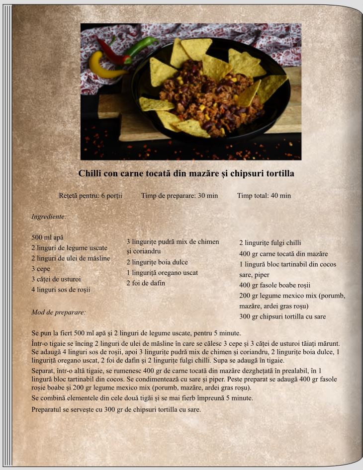 Chilli con carne tocată din mazăre și chipsuri tortilla