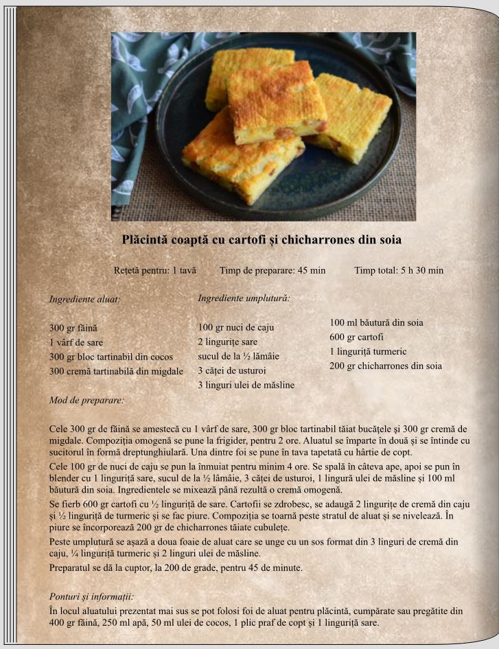 Plăcintă coaptă cu cartofi și chicharrones din soia